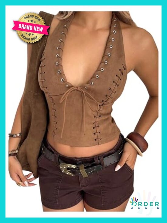 Tops - Suedette Halter Lace-Up Backless Crop Top Y2K Western